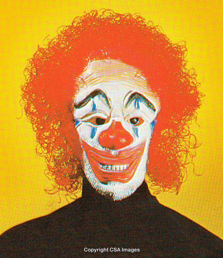 Colorful Clown Portrait with Surreal Expression on Yellow Background