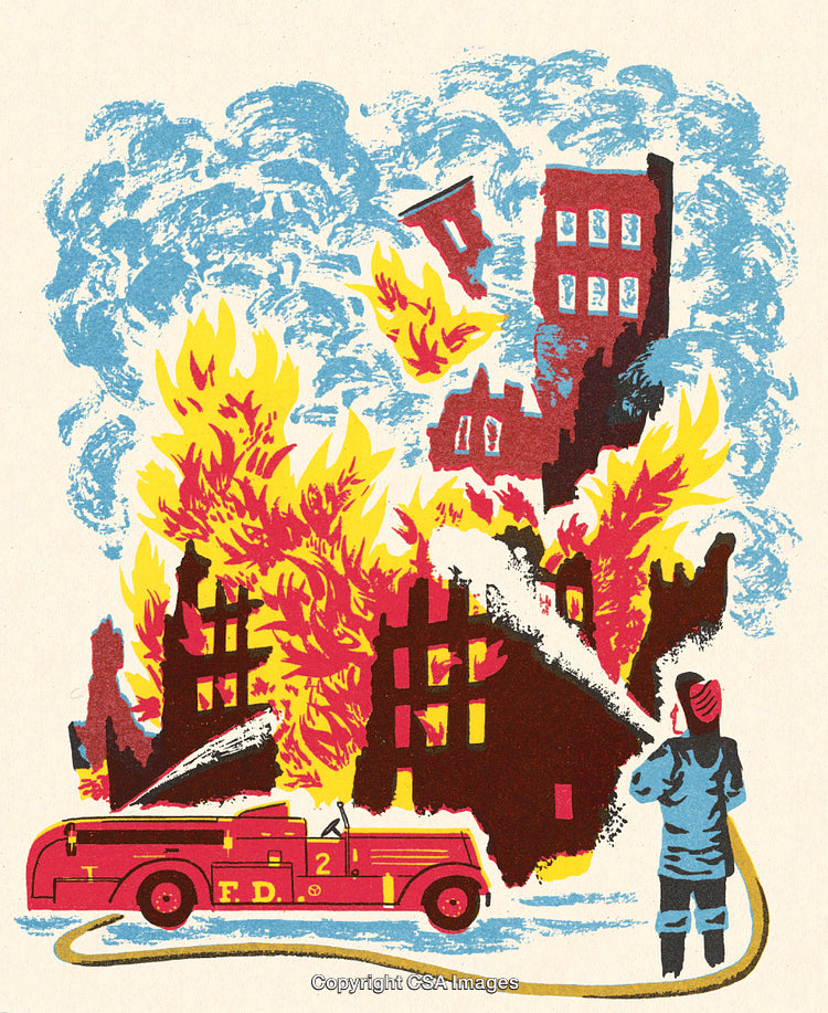 Illustration of a Firefighting Scene with Burning Buildings and Firemen