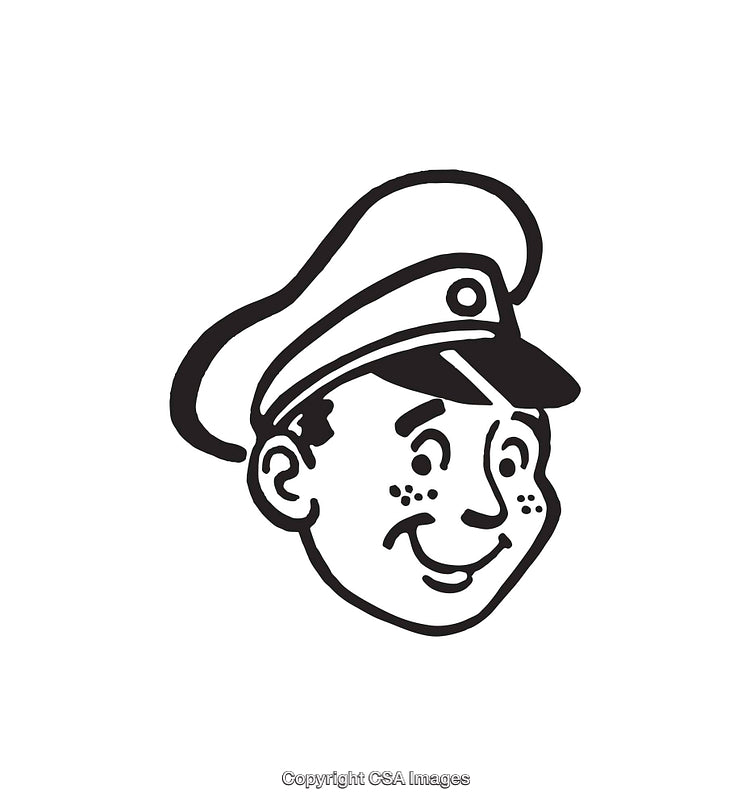 Retro Cartoon Illustration of a Smiling Character in a Uniform Hat