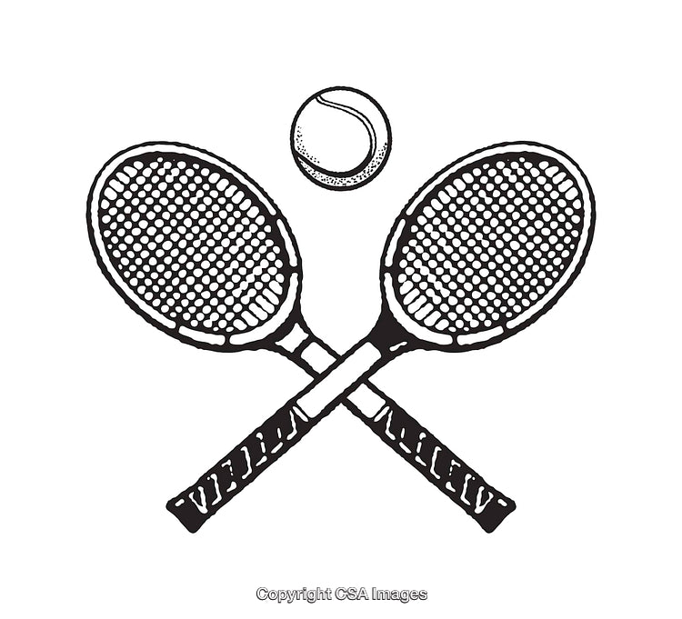 Black And White Illustration of Crossed Tennis Rackets with Ball