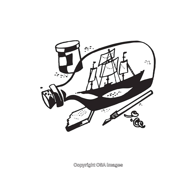 Black and White Illustration of a Ship Inside a Broken Bottle