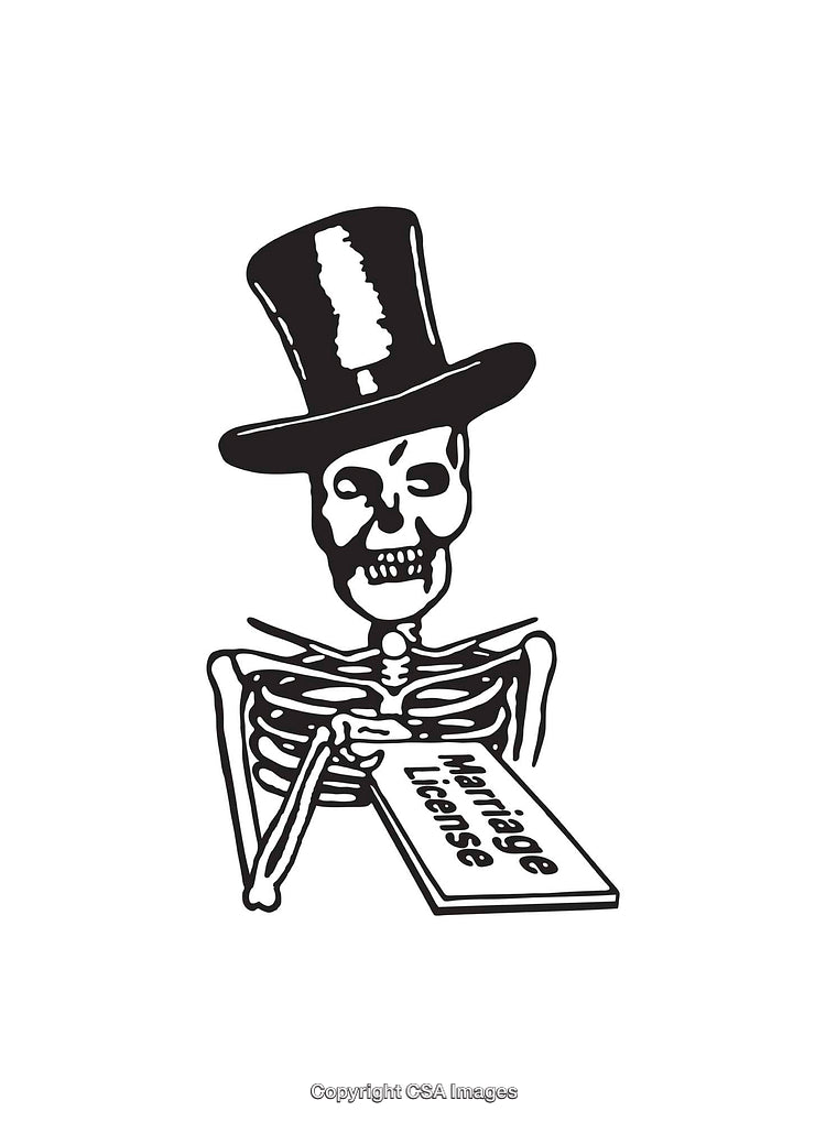 Black and White Illustration of Skeleton with Marriage License