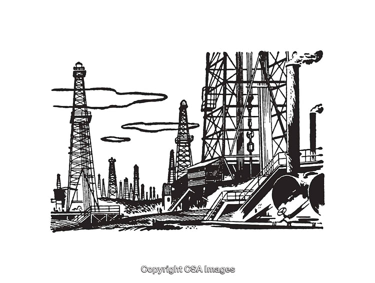 Black and White Line Art Depicting Oil Drilling Operation and Industrial Concept
