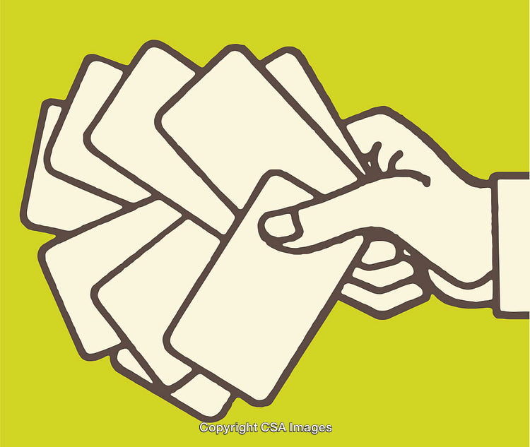Hand Holding Multiple Cards on Yellow Background Illustration