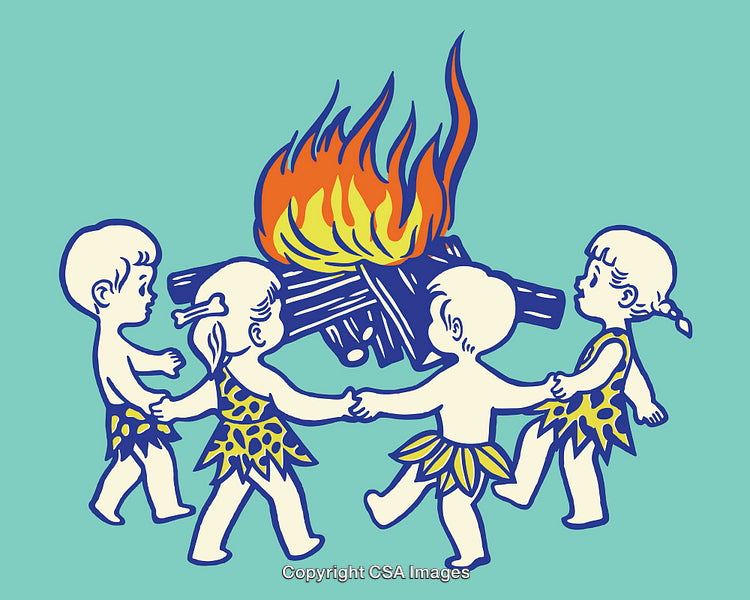 Children in Primitive Clothing Dancing Around a Campfire Illustration