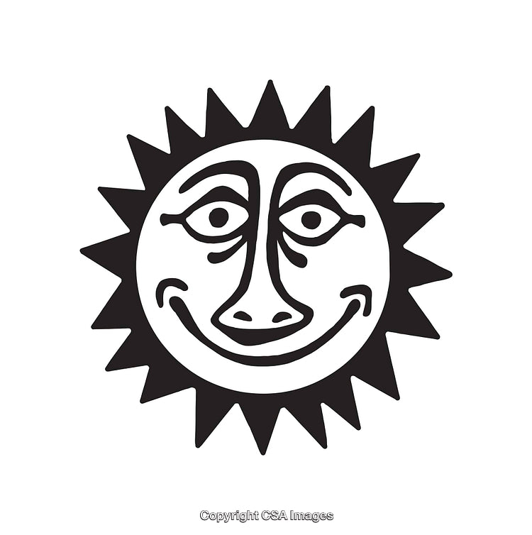 Black And White Illustration of a Smiling Sun with Radiant Design