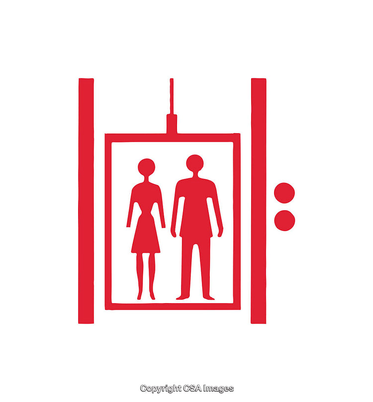 Red Elevator Icon Depicting Female and Male Silhouettes in Minimalist Style