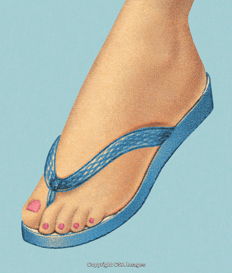 Close-Up of a Foot in a Blue Sandal with Painted Toenails