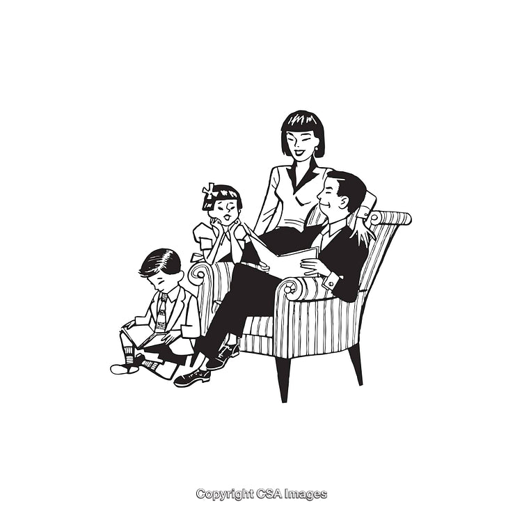 Vintage Black and White Family Sitting and Reading Together Illustration
