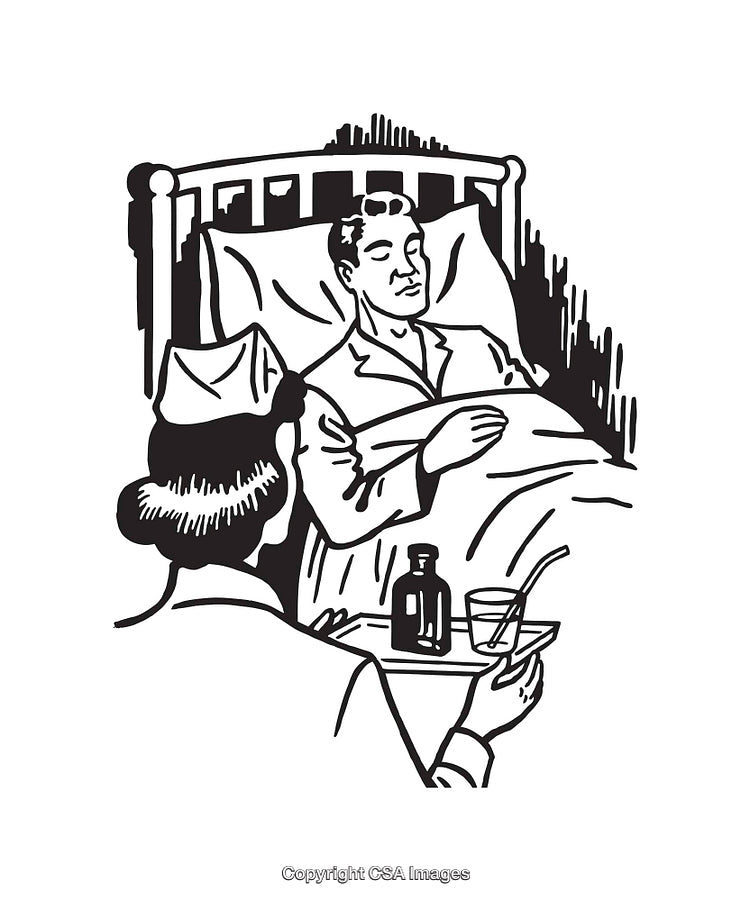 Medical Scene Illustration with Patient and Nurse in Black and White
