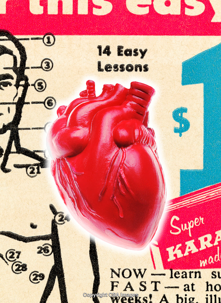 Vibrant Red Plastic Heart Over Retro Graphic Poster Design