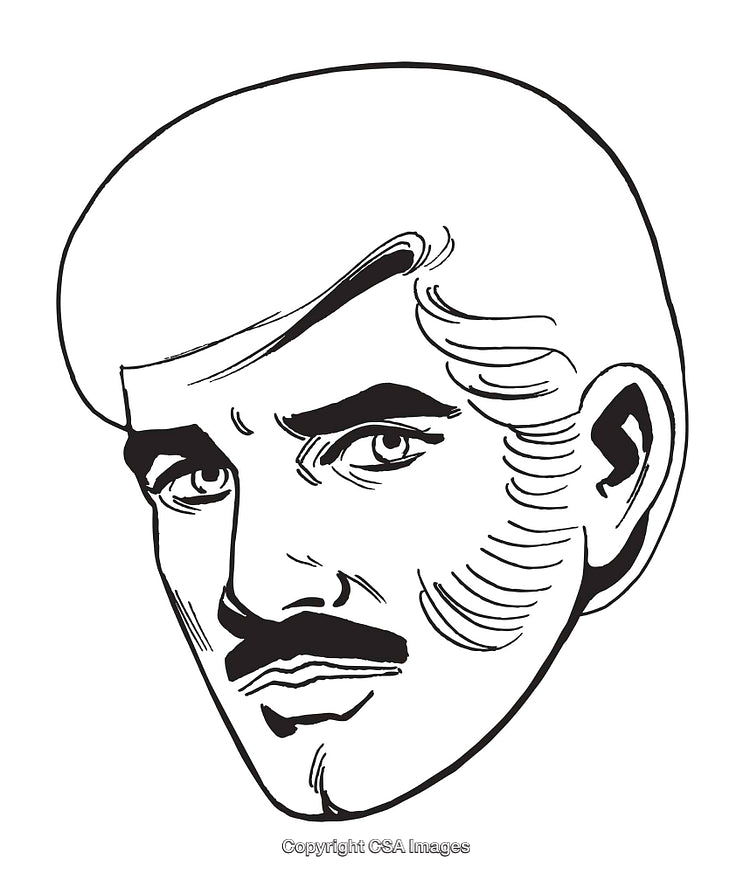 Vintage Comic Style Male Portrait with Facial Hair and Serious Expression