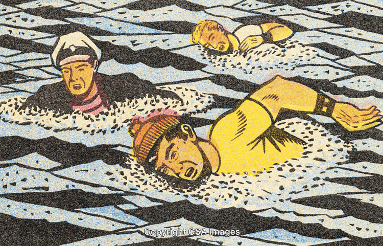 Vintage-Styled Artwork Depicting Swimmers Struggling Through Rough Ocean Waves