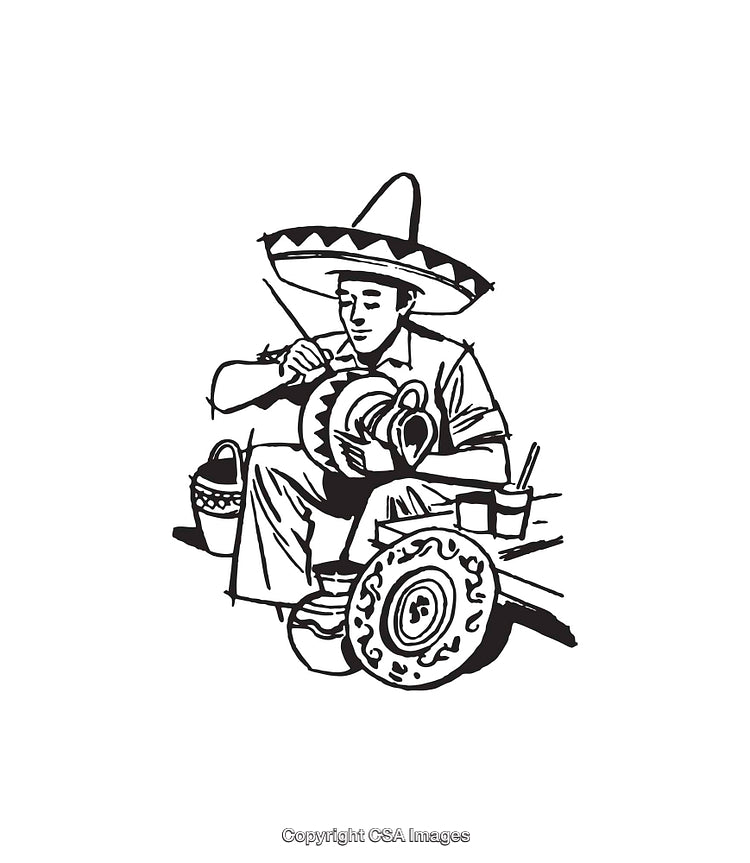 Traditional Line Art Depicting Craftsman with Hat and Handmade Tools