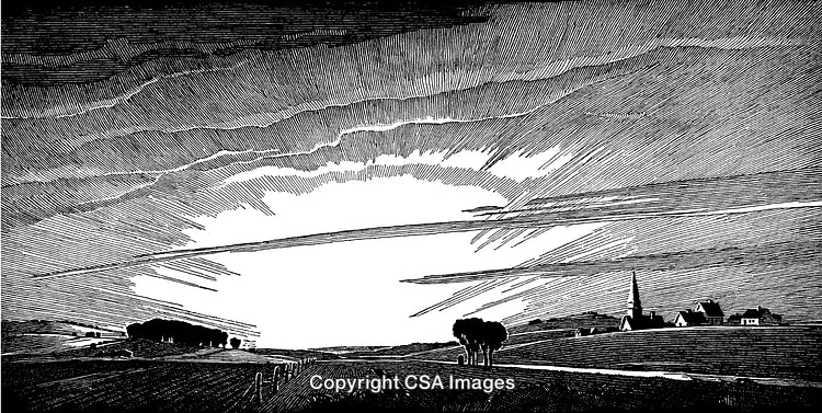 Beautiful Black and White Engraving of a Countryside Village Landscape Illustration