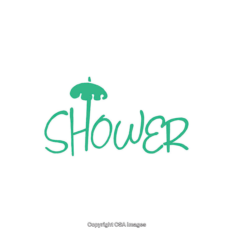 Green Hand-Drawn Shower Word Illustration with Umbrella Accent Design