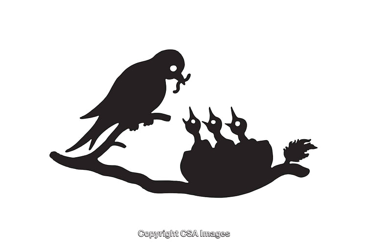 Bird Feeding Chicks in Nest Silhouette on Branch