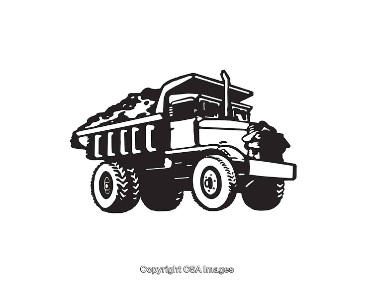 Black and White Line Art of Dump Truck with Material Loaded