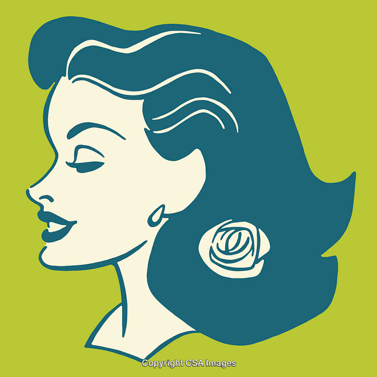 Retro Female Portrait Illustration With Green Background and Stylish Hair Accessory