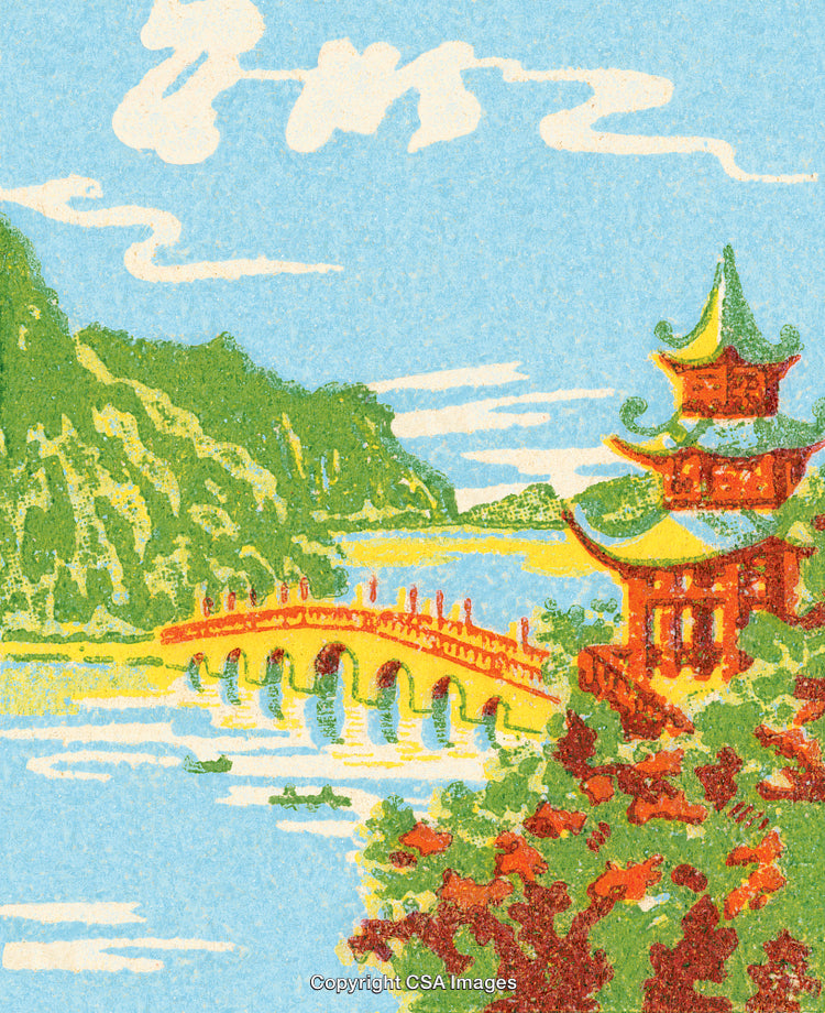 Colorful Landscape with Pagoda, Bridge, and Scenic Waterscape in Artistic Style