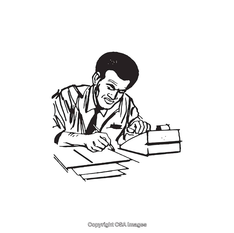 Black and White Illustration of a Man Writing at a Desk