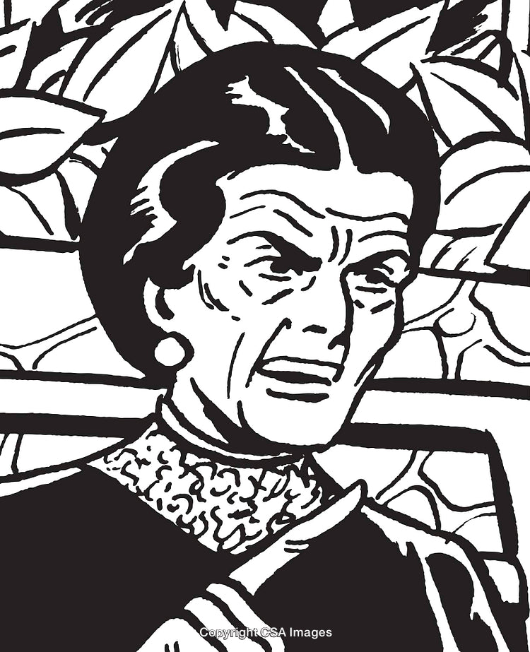 Black and White Illustration of an Older Woman with a Stern Expression