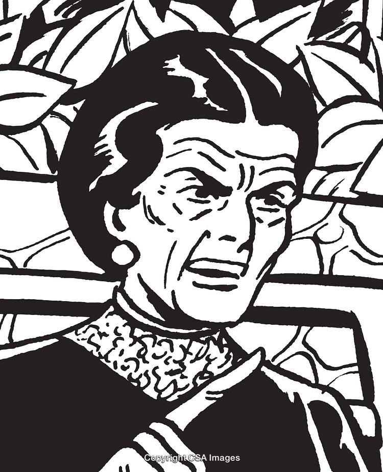 Black and White Illustration of an Older Woman with a Stern Expression