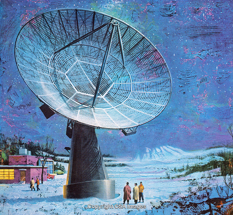 Large Satellite Dish in Winter Setting Under Starry Night Sky