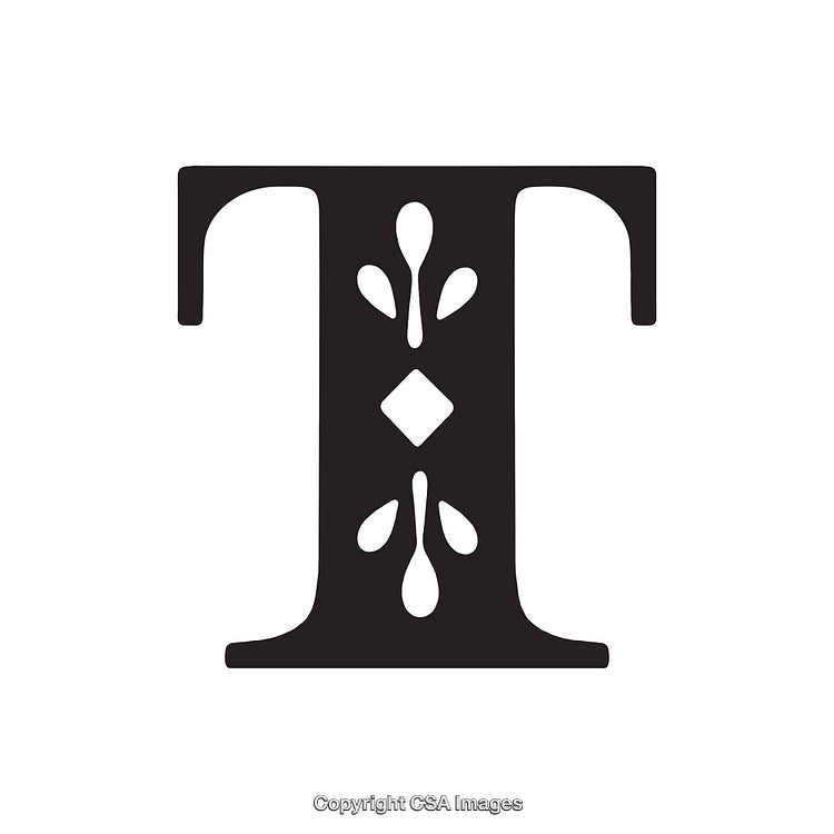 Ornate Black Letter T with Decorative Patterns on White Background