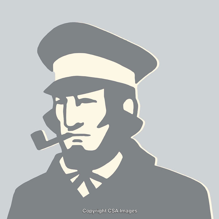 Monochrome Nautical Illustration of Sailor with Pipe in Line Art Style