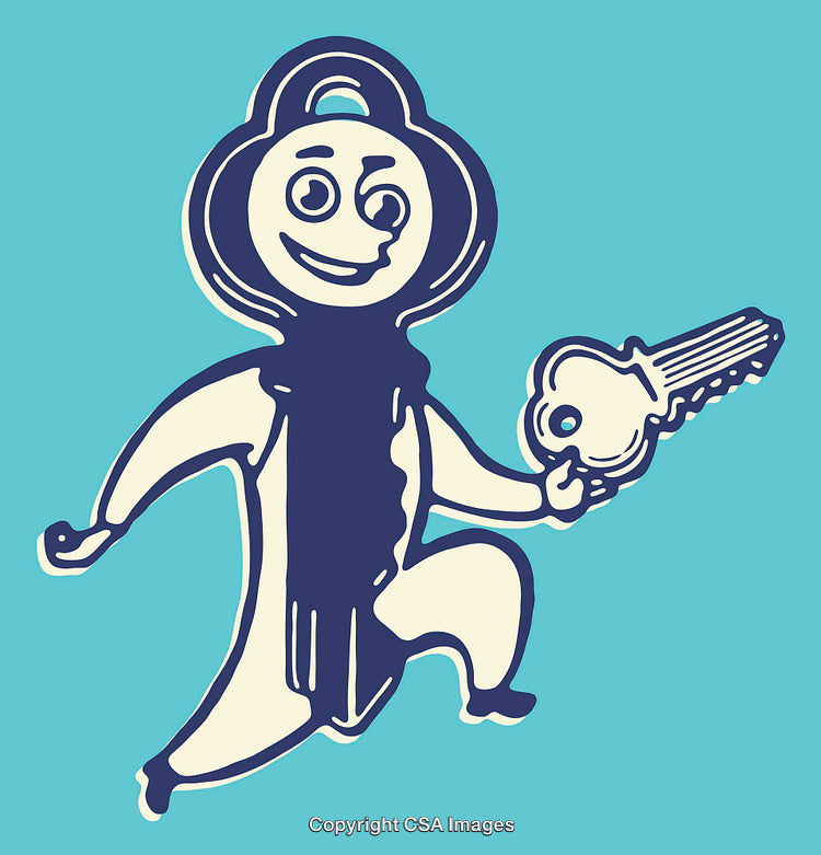 Vintage Key Mascot Illustration with Retro Design Style on Blue Background
