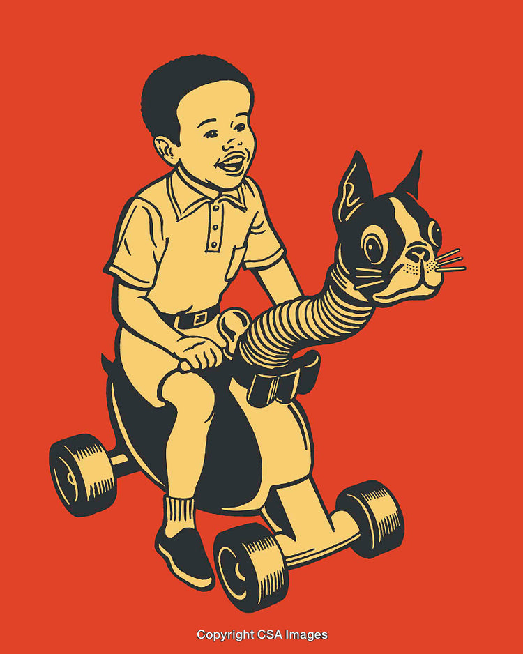 Colorful Illustration of Child Riding a Creative Animal Tricycle