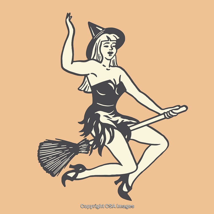 Vintage Witch Illustration Riding a Broomstick in Retro Style Artwork