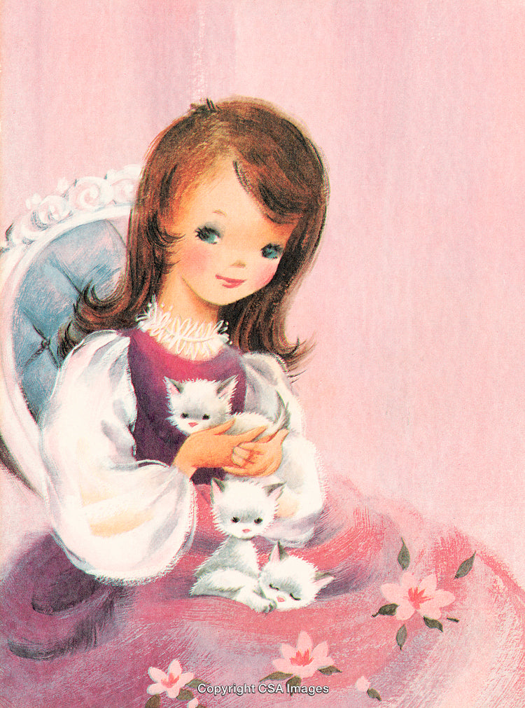 Young Girl Holding Kittens in a Pink Pastel Background Illustration