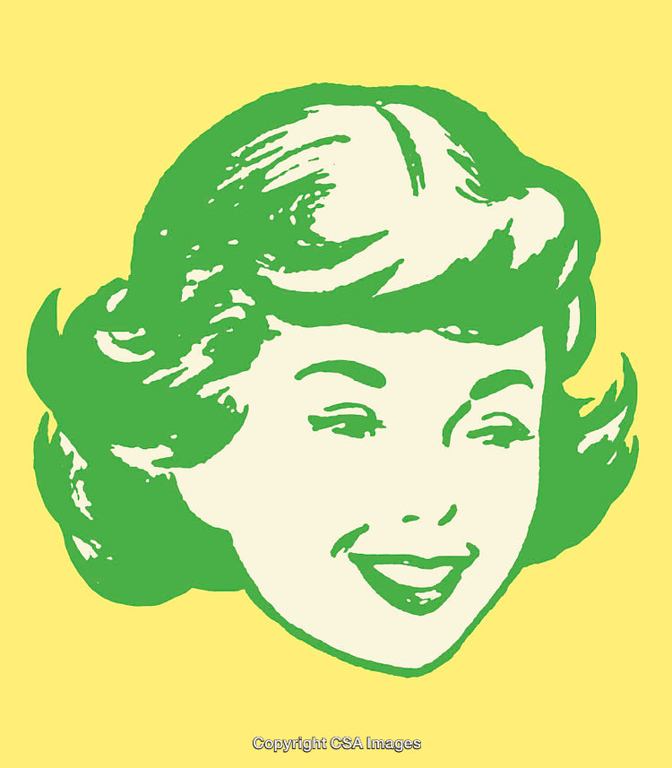 Retro Style Color Art Illustration of Woman Smiling on Yellow Background