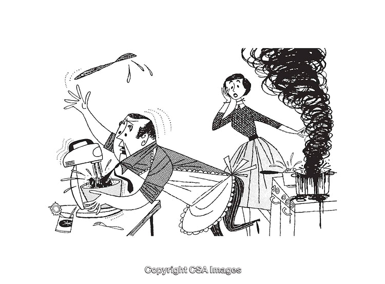 Kitchen Disaster Scene Depicting Humorous Cooking Chaos in Line Art Style