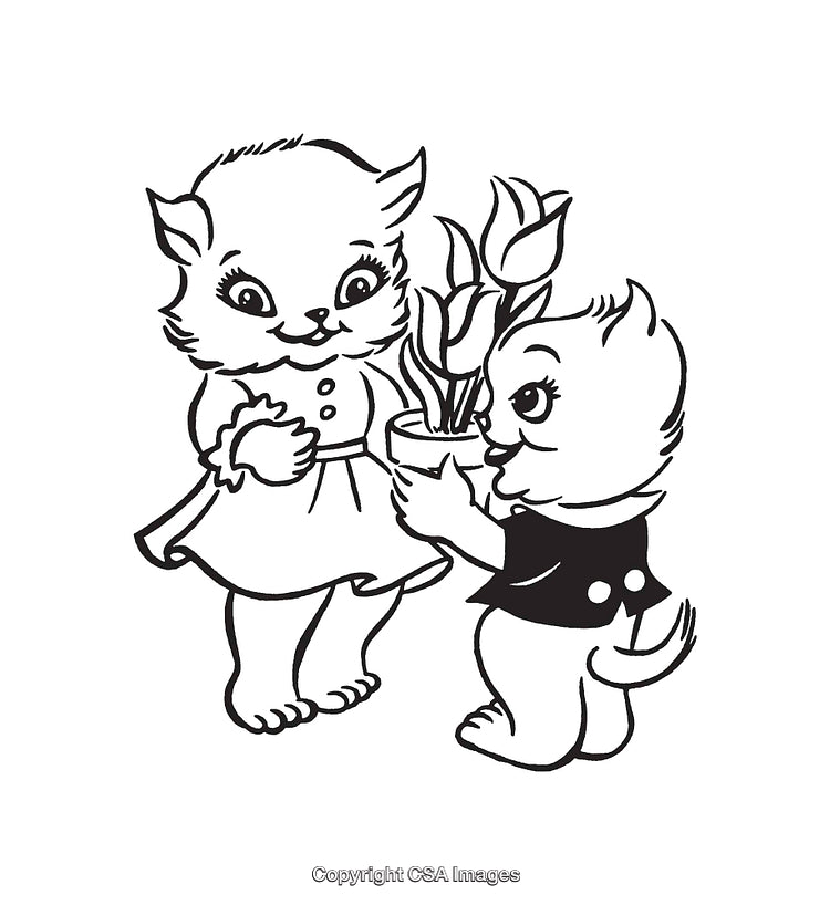 Charming Cartoon Cats Sharing a Flowerpot in Black and White Line Art