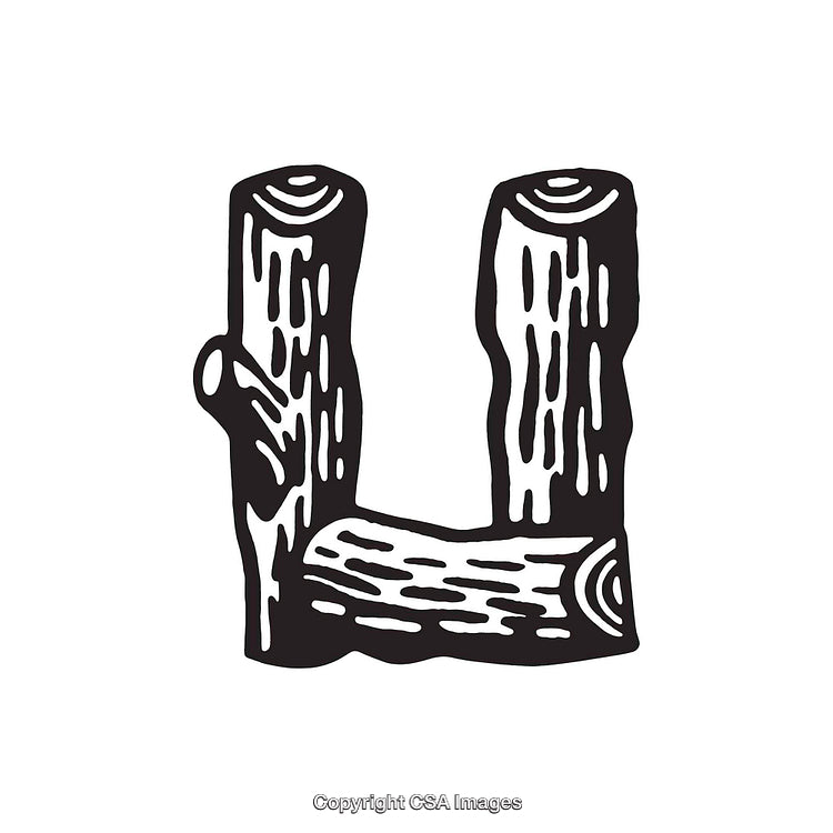 Rustic Letter U Depicted as Wood Log Illustration with Natural Texture