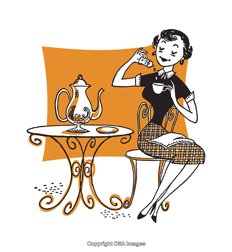 Vintage Illustration of a Woman Enjoying Tea with Elegant Decor