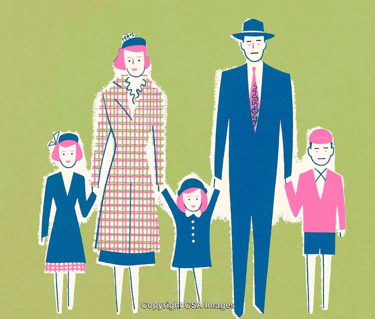 Vintage Illustration of a Family Holding Hands in Retro Attire