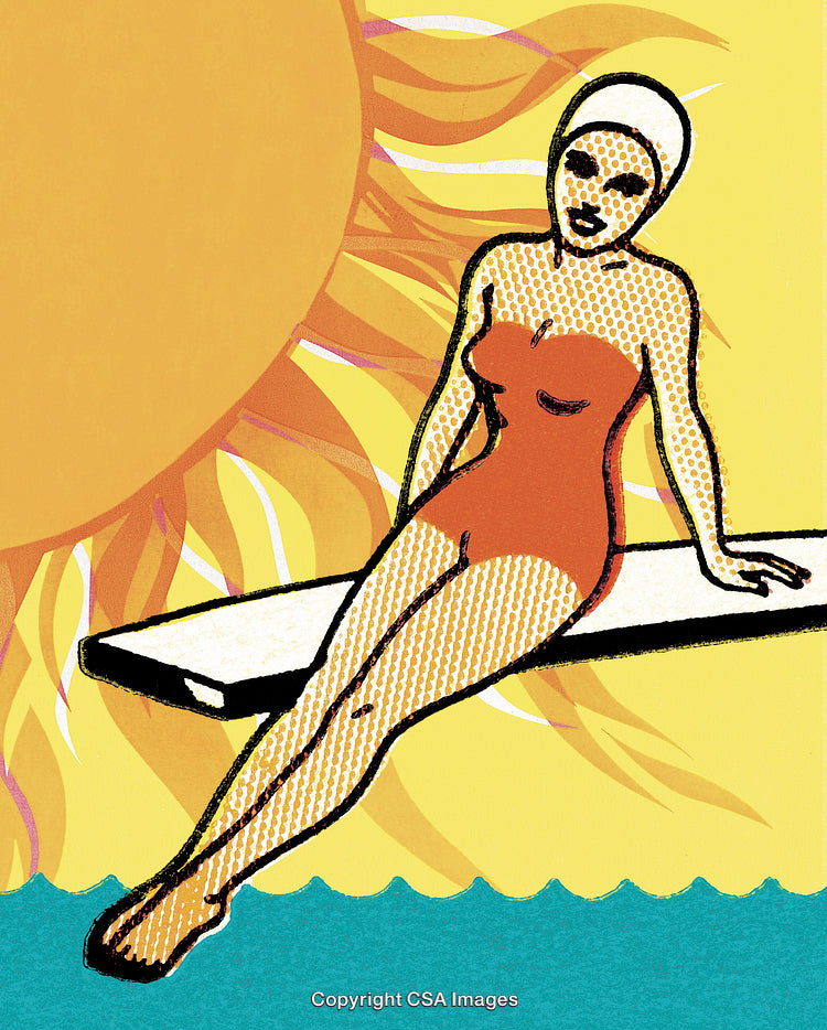 Pop Art Style of Woman Relaxing on a Diving Board in Summer Sun