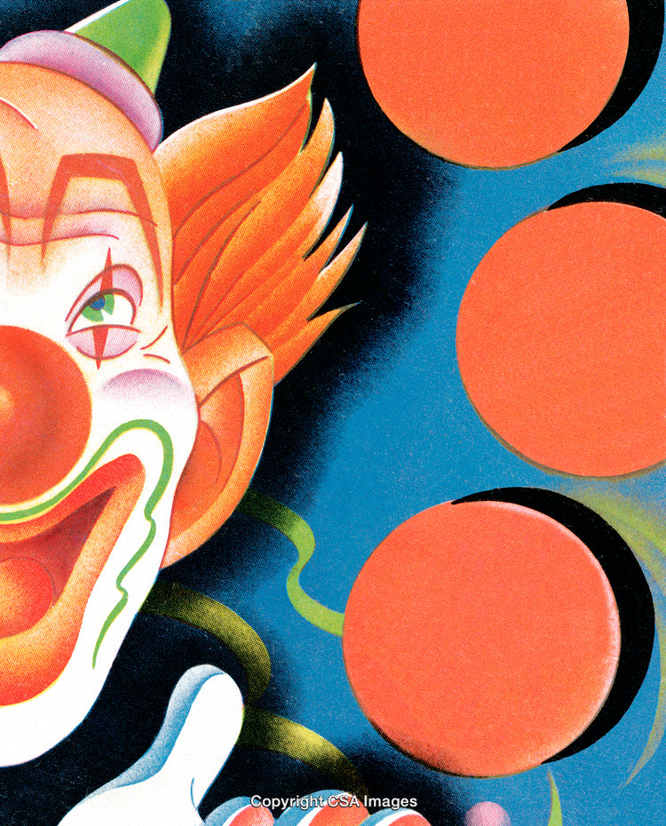Colorful Artistic Clown Illustration with Abstract Patterns and Circles
