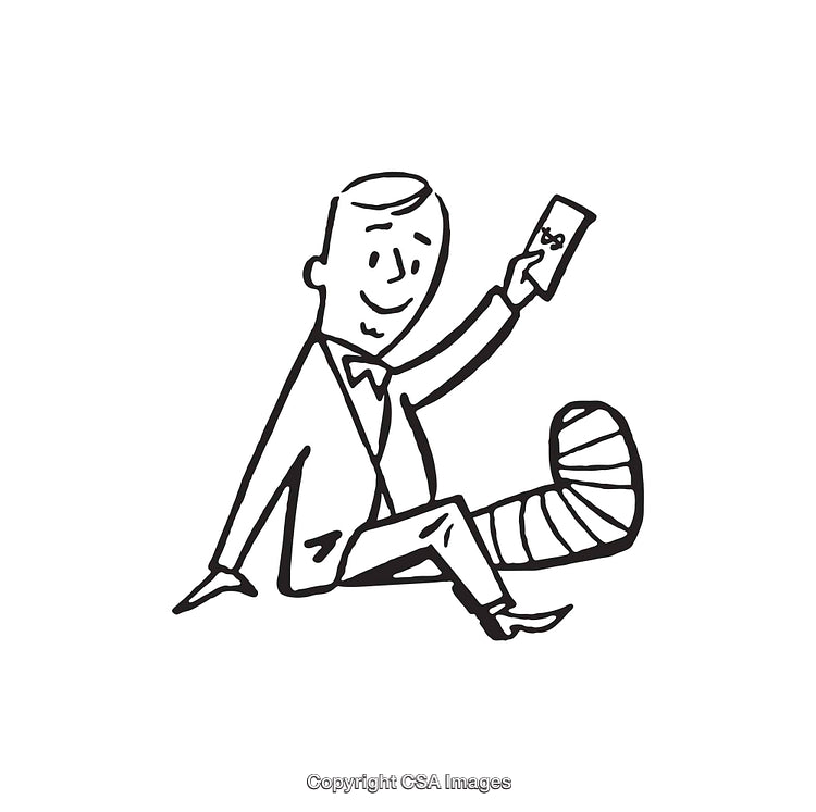 Black and White Cartoon Drawing of an Injured Man Holding Money