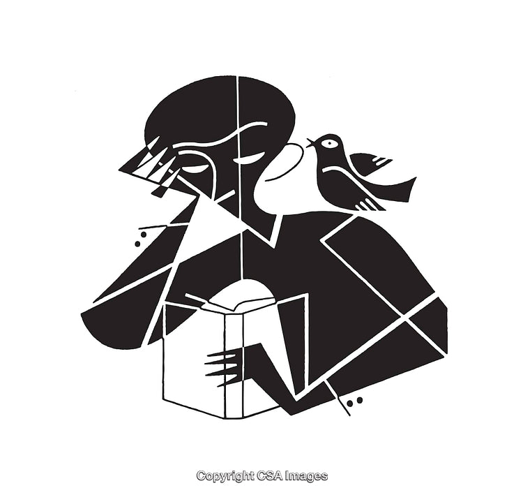 Stylized Black and White Artwork of Figure with Bird