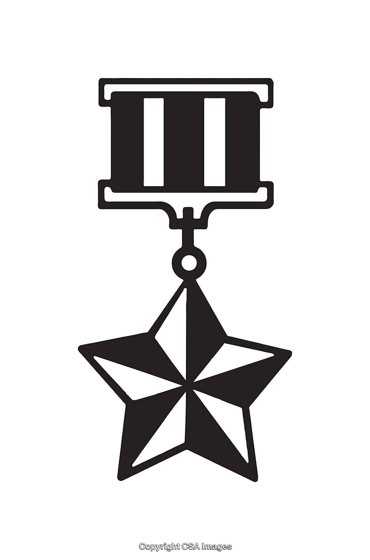 Black and White Military Medal Icon Featuring a Star and Ribbon Design