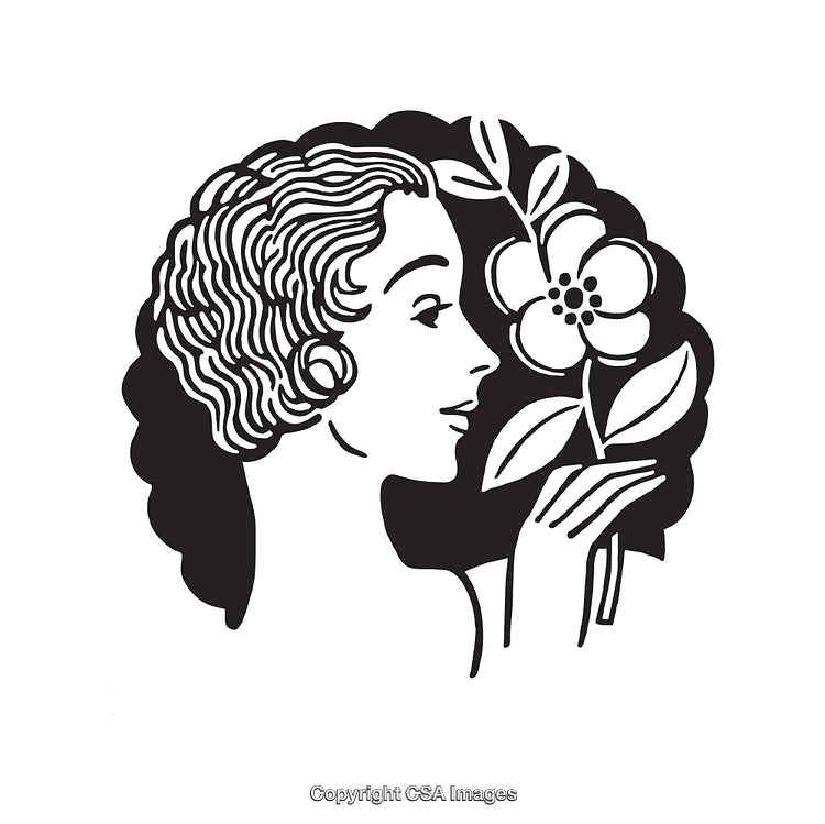 Retro Styled Black and White Illustration of a Woman with a Flower