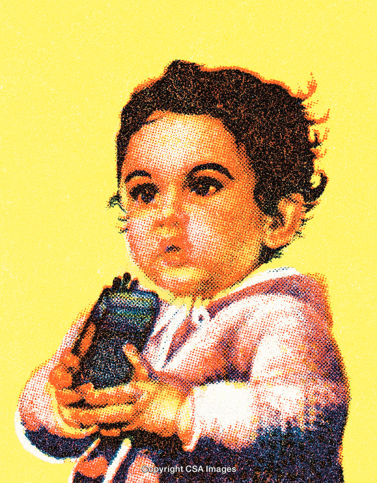 Colorful Illustration of a Child Holding an Object on Yellow Background