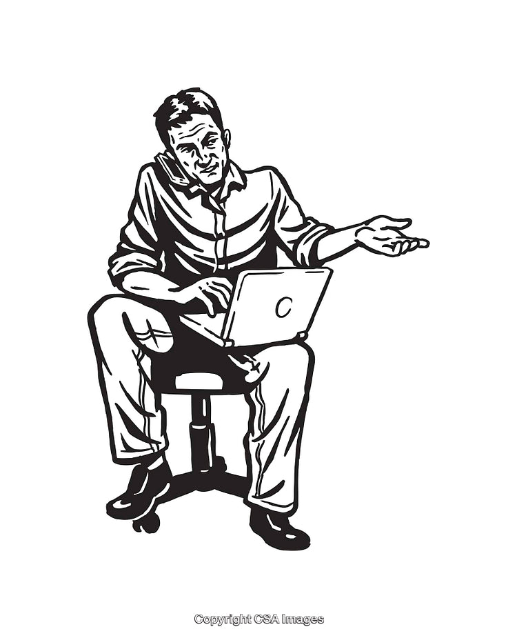 Businessman Working on Laptop While Talking with Hand Gesture