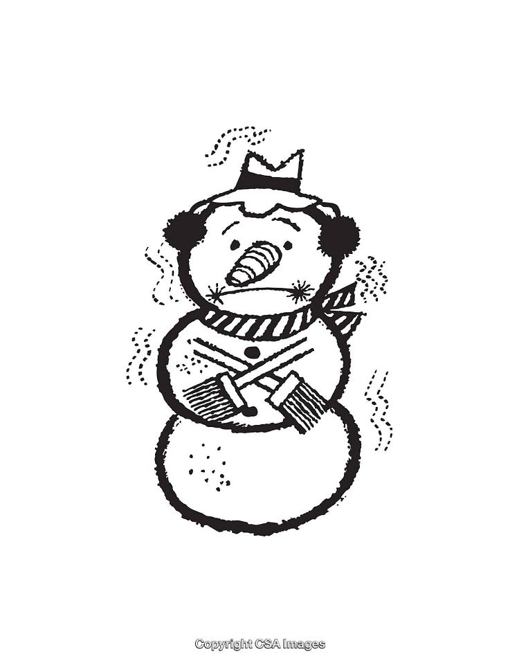 Playful Black And White Line Art Illustration of a Snowman Character