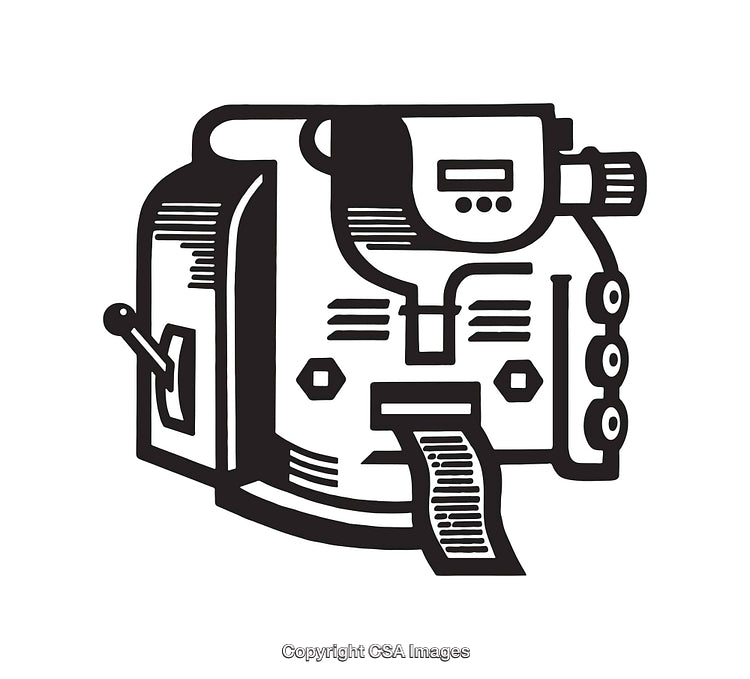 Retro Style Line Art Illustration of a Mechanical Device with Printer Component